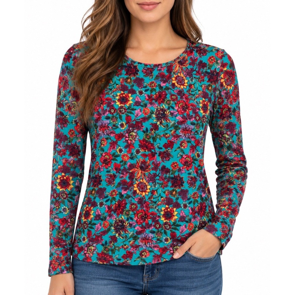 Talbots Womens Floral Long Sleeve Top Blouse Teal Multicolor Cotton Size M